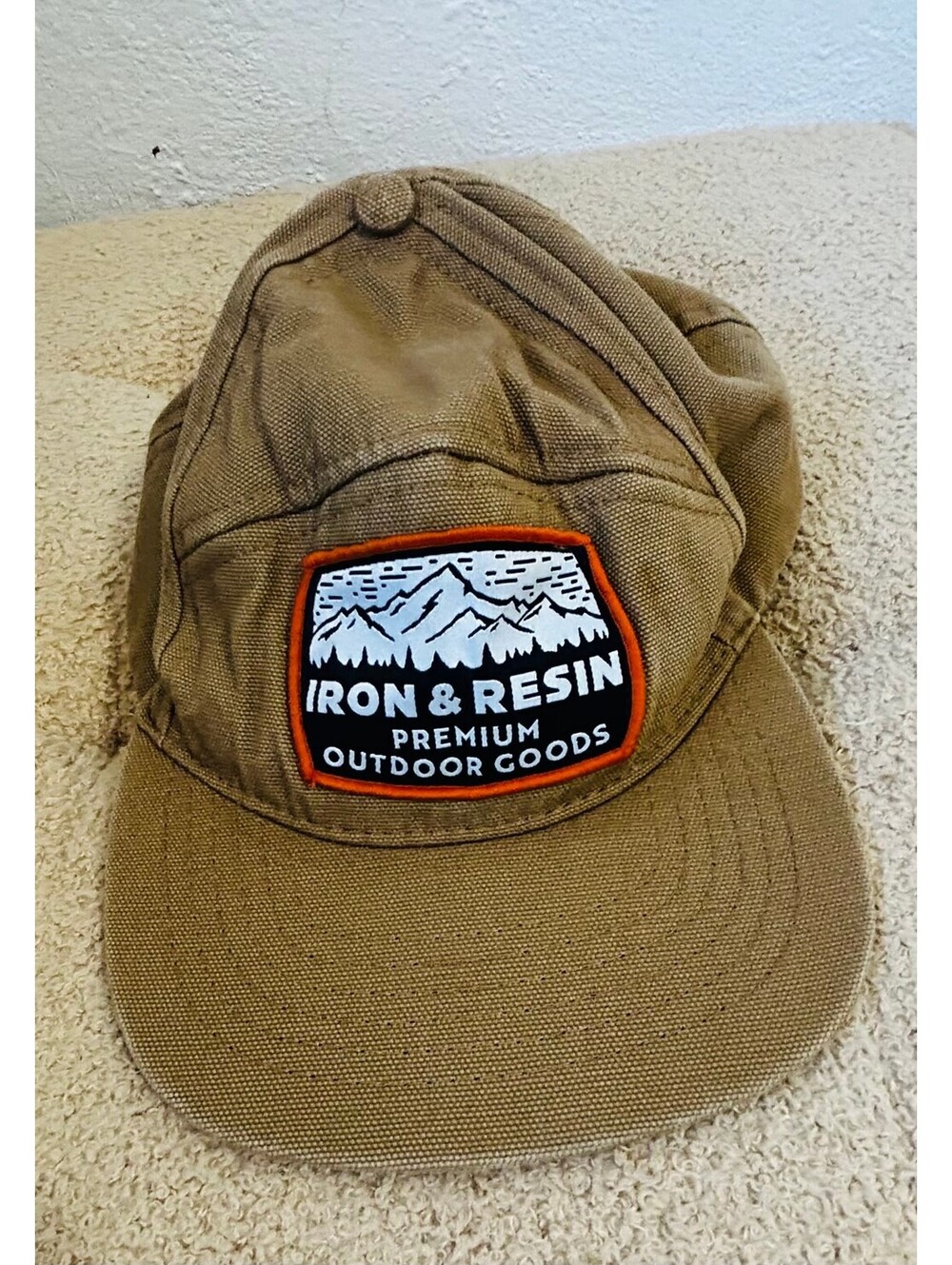 Iron & Resin Landscape Hat 5 Panel Cap Tan Canvas Mountain Patch